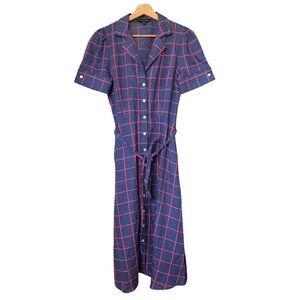 NWOT Brooks Brothers Plaid Navy Blue Waist Tie Striped Linen Blend Dress Women 4